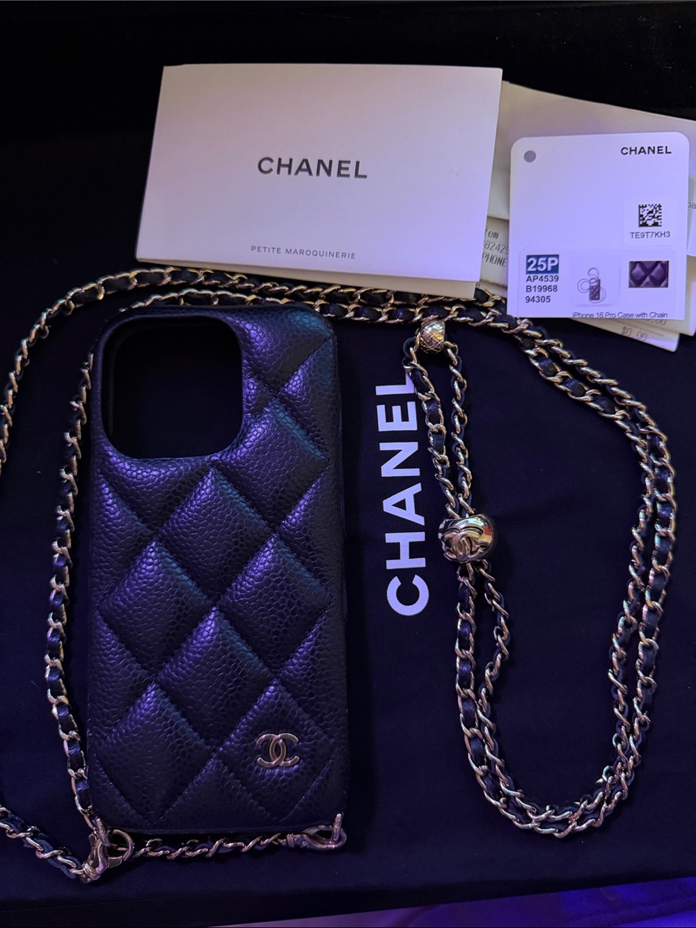 CHANEL Black Quilted Leather Phone Case with Gold Chain Strap